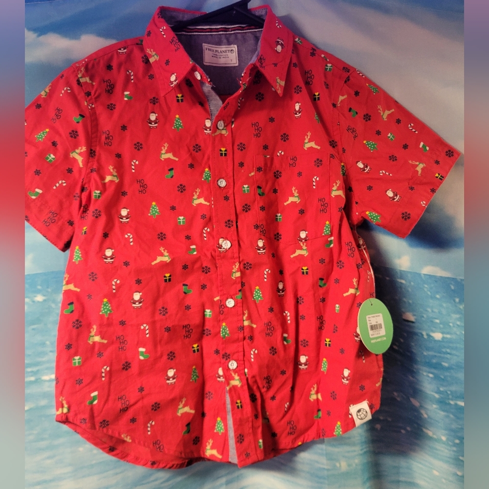 Free Planet‎ NWT Boys Button Down Christmas Shirt Santa Size 7